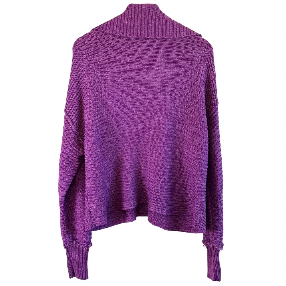 Free People Sweater Purple Women Small Ribbed V-Neck Oversized Raw Edge Boho